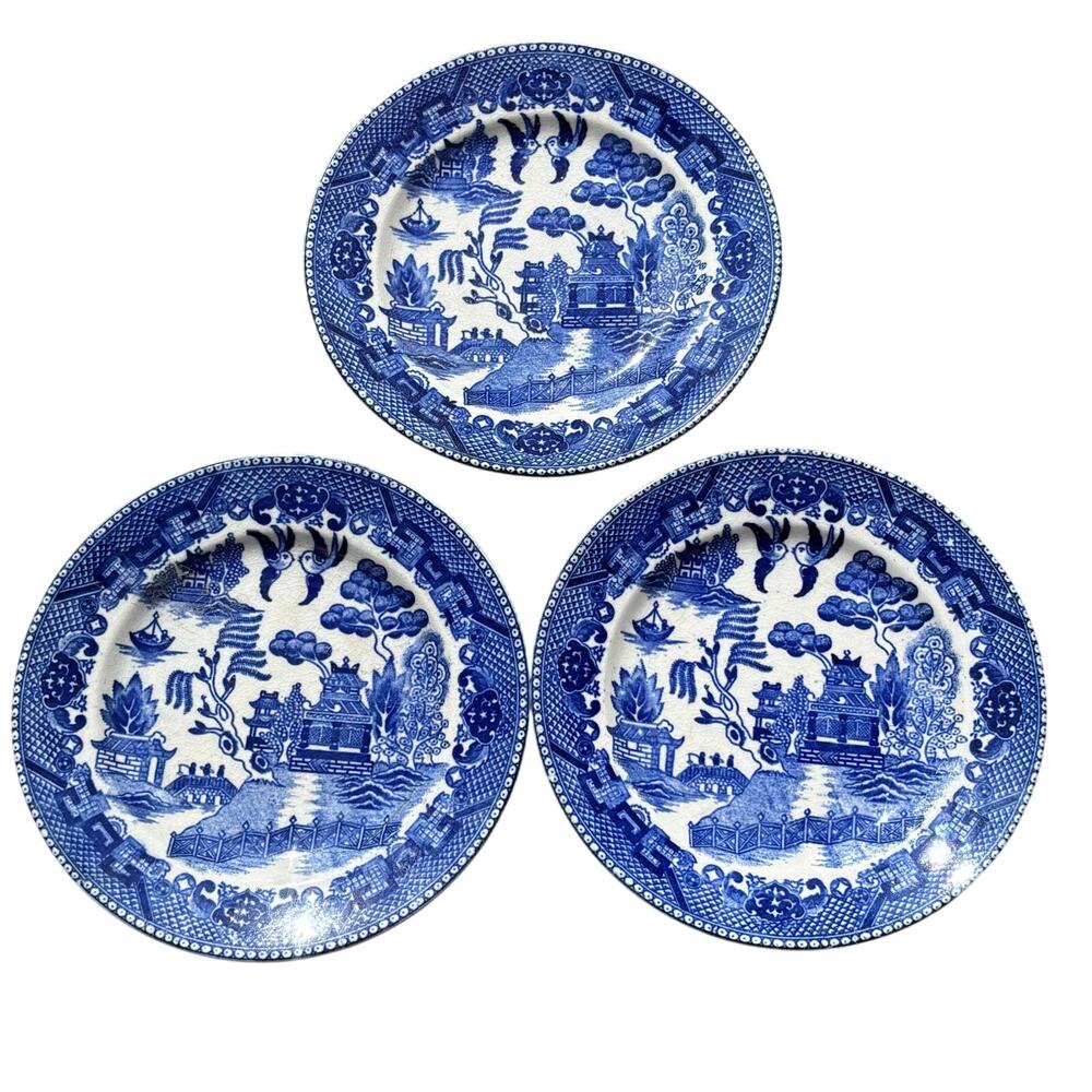 Blue Willow SM Plates (3) Occupied Japan 7” Blue & WHITE Transferware Farmhouse